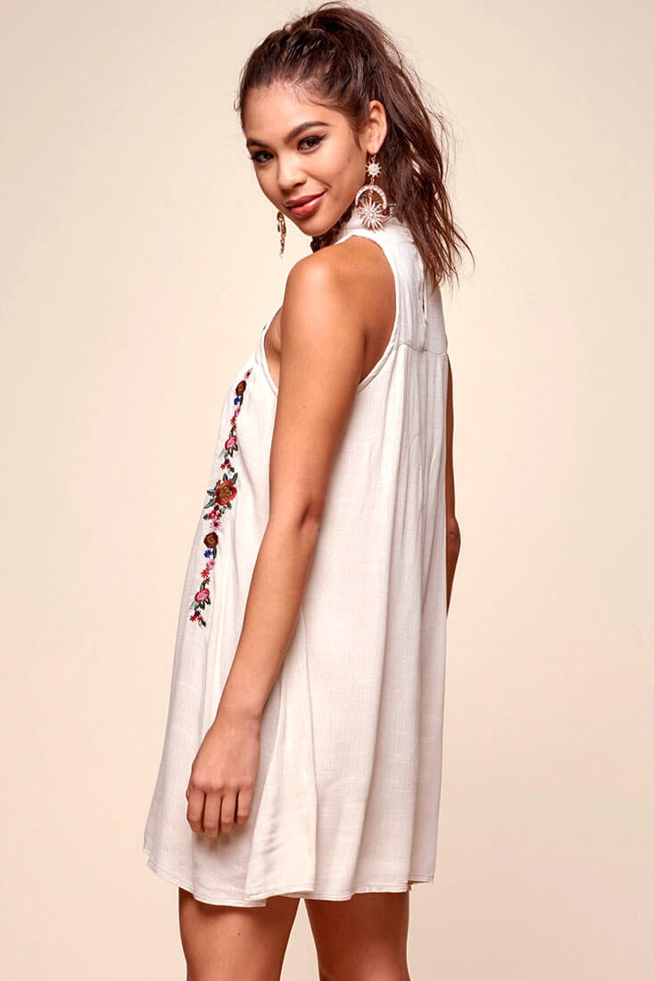 Shonda Floral Embroidered Detail Mid-Length Dress Beige