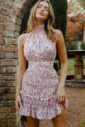 Mandalay High Neck Sleeveless Waistband Dress Floral Print Pink