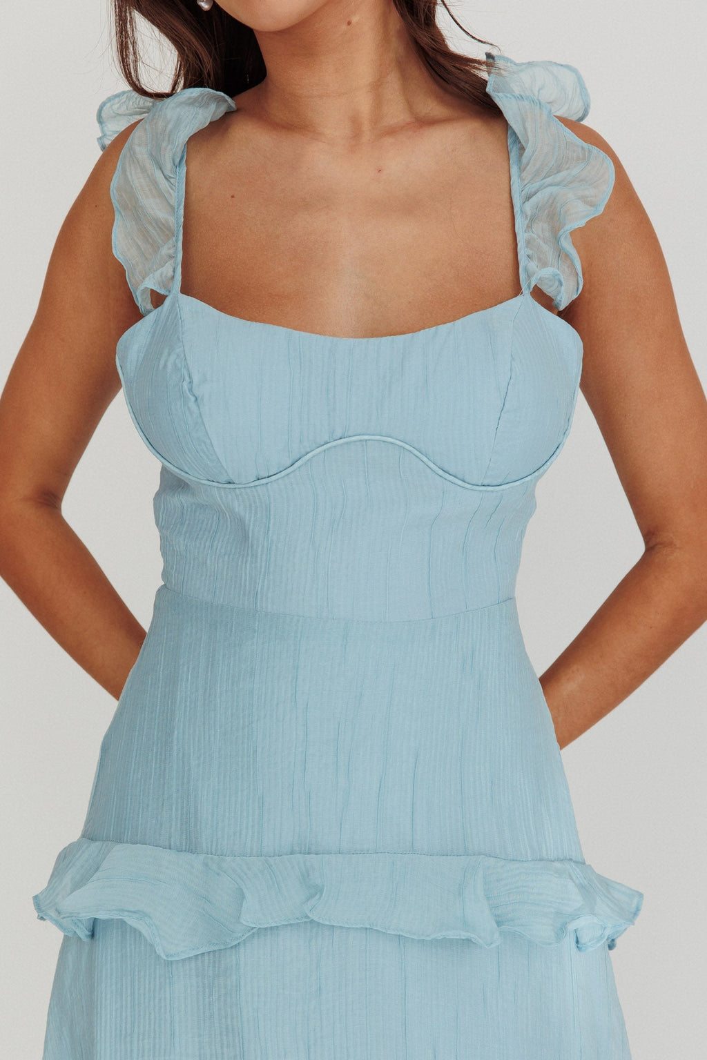 Moonlit Moment Ruffle Trim Lace-Up Back Maxi Dress Blue