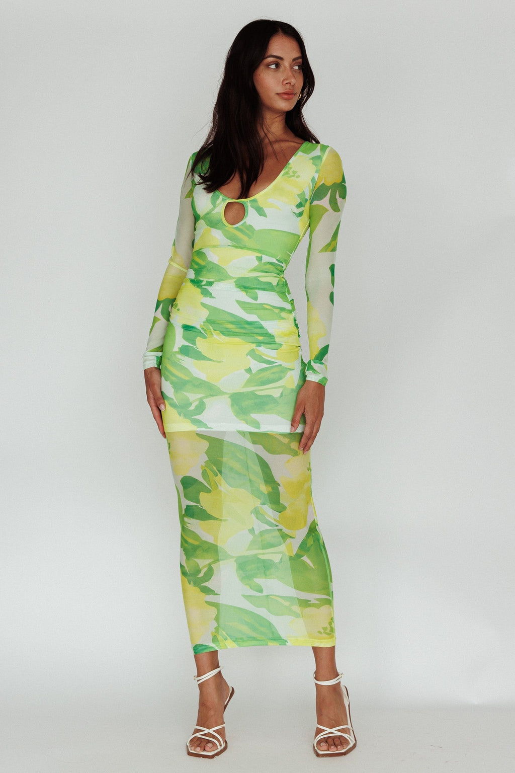 Chardae Long Sleeve Mesh Midi Dress Floral Green
