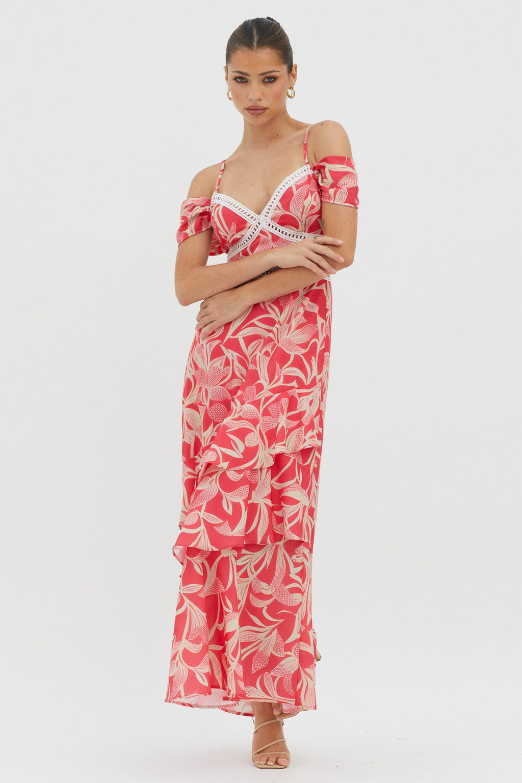 Seina Off-Shoulder Crochet Trim Dress Print Red