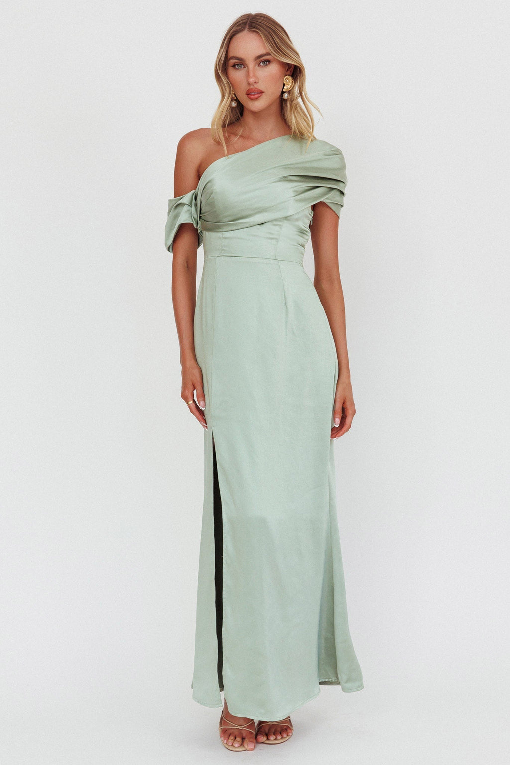 Bellissima Asymmetric Shoulder Maxi Dress Sage
