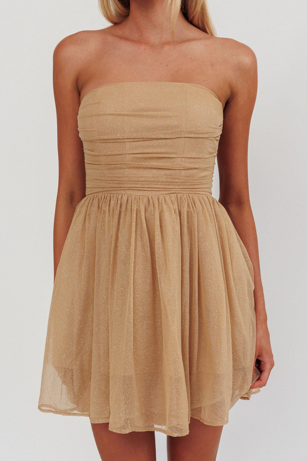 Guilty Pleasure Strapless Glitter Mini Dress Gold