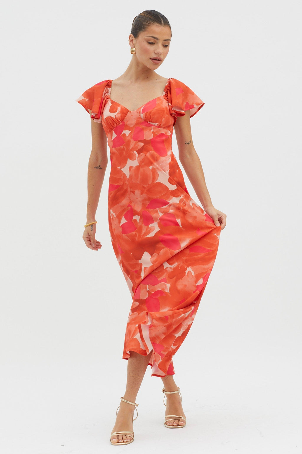 Park Avenue Flutter Sleeve Mini Dress Abstract Orange