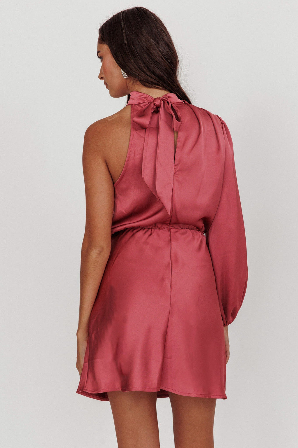 Can't Compete One Sleeve Satin Mini Dress Dusty Pink