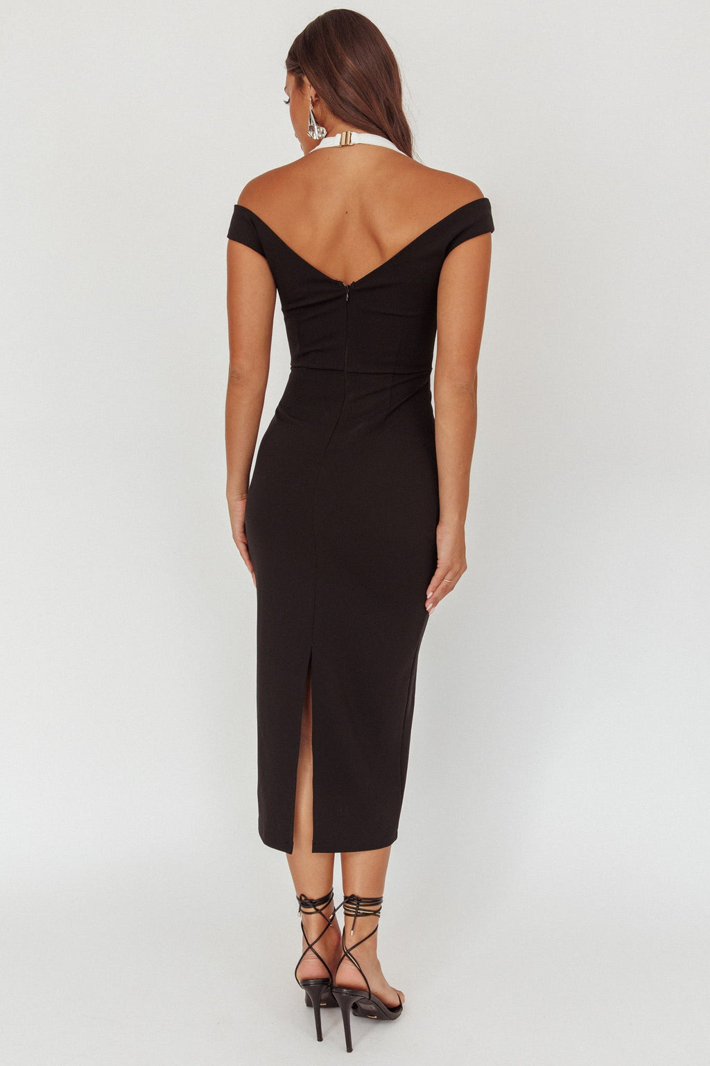 Tyla Contrast Mesh Halter Midi Dress Black