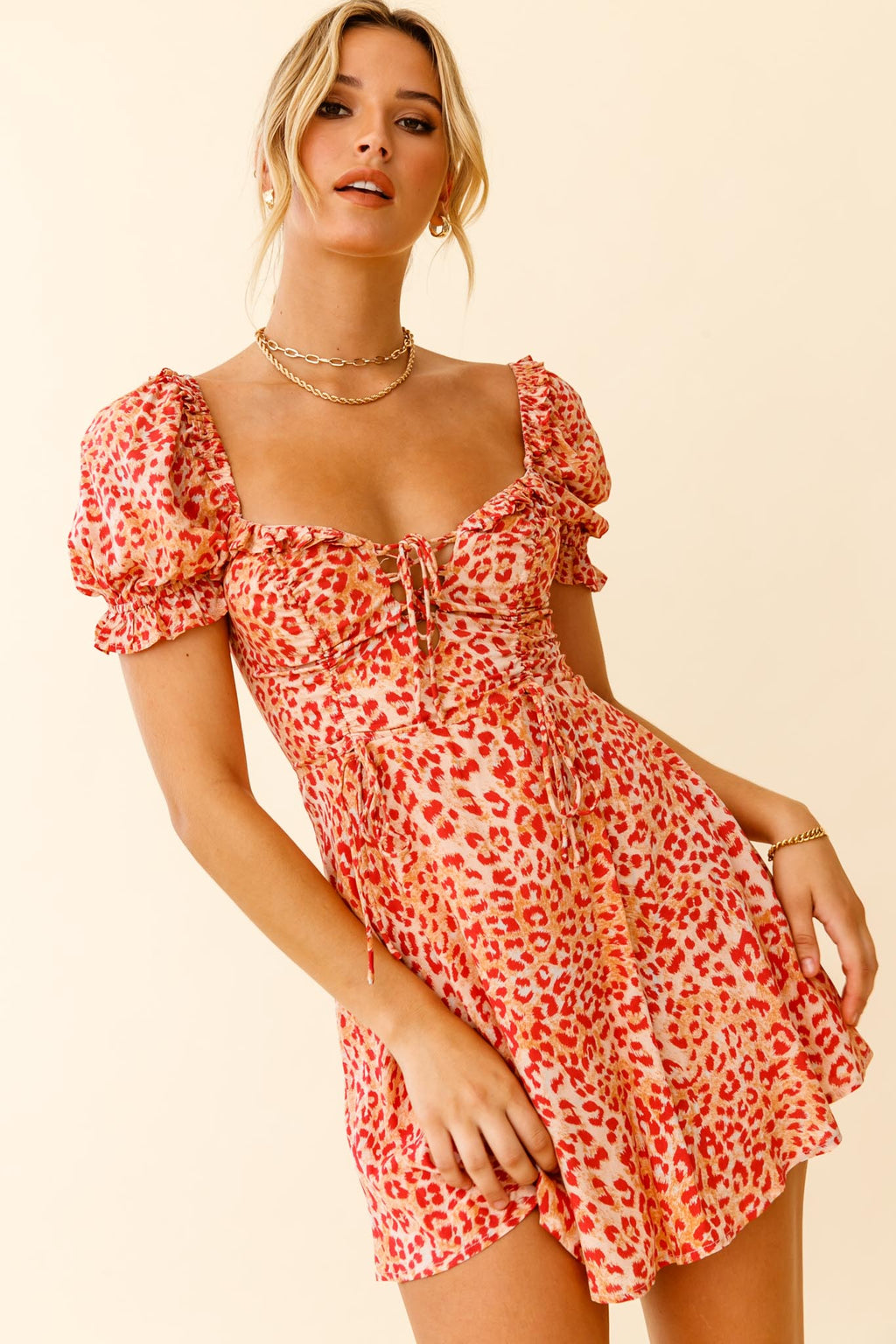 La Quinta Lace-Up Bust Drawstring Detail A-Line Dress Leopard Print Orange