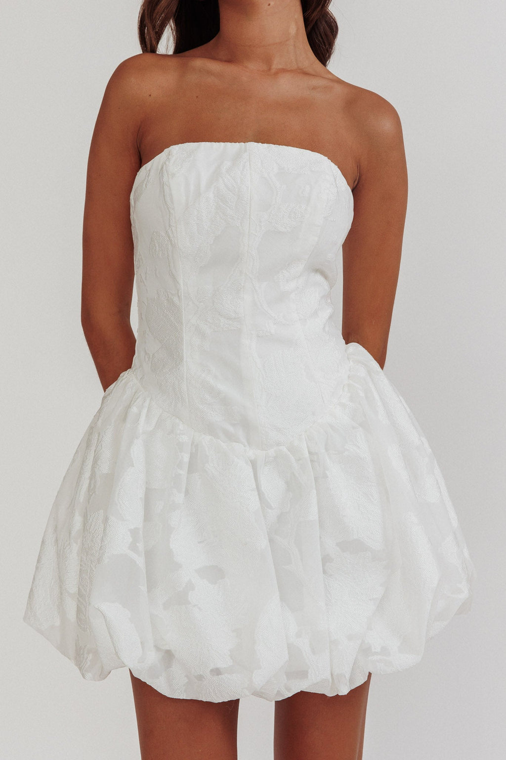 Monti Strapless Bubble Hem Mini Dress Embroidered White