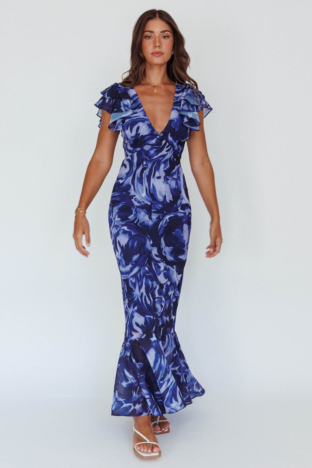 Lydiah Ruffle Sleeve Maxi Dress Floral Blue