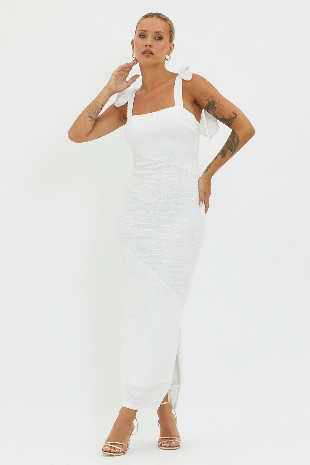 Bindi Puckered Tied Strap Dress White
