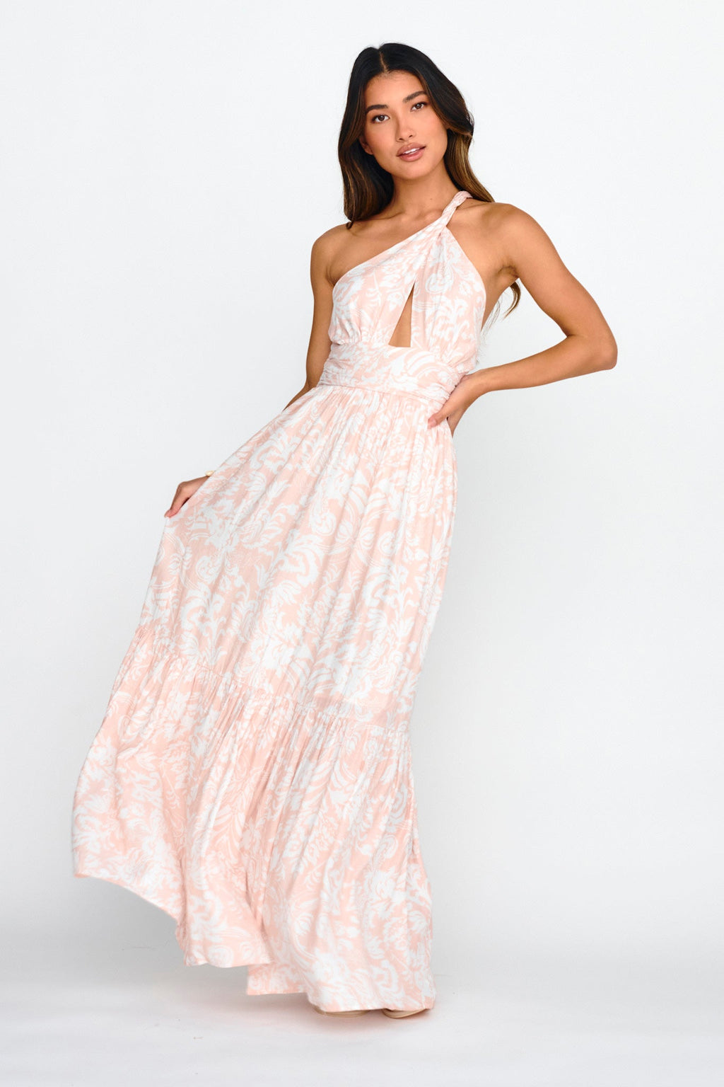 Kamali One-Shoulder Keyhole Maxi Dress Beige