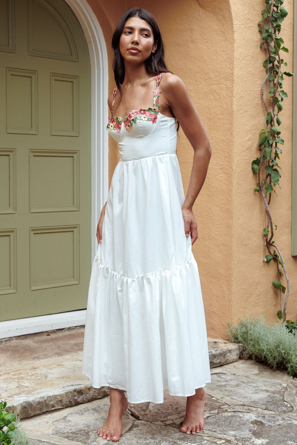 Rose Garden Floral Applique A-Line Midi Dress White