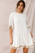 Donna Dropped Waist Tassel Dress Beige