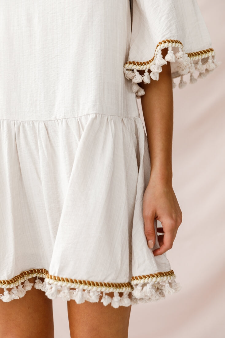 Donna Dropped Waist Tassel Dress Beige
